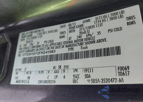 2015 Ford F-150 Lariat из США, поврежденный, VIN 1FTEW1EF2FKE41083